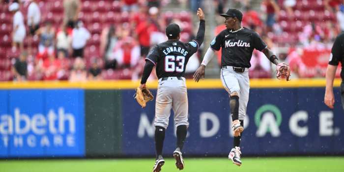 Marlins xavier edwards crosses home plate twice
