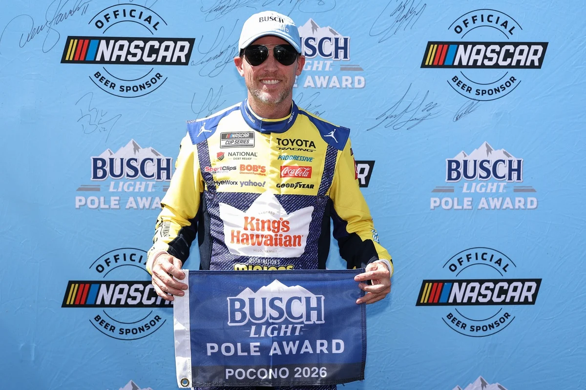 Denny Hamlin Dominates Pocono Qualifying to Secure Pole Position Amidst Late Spins